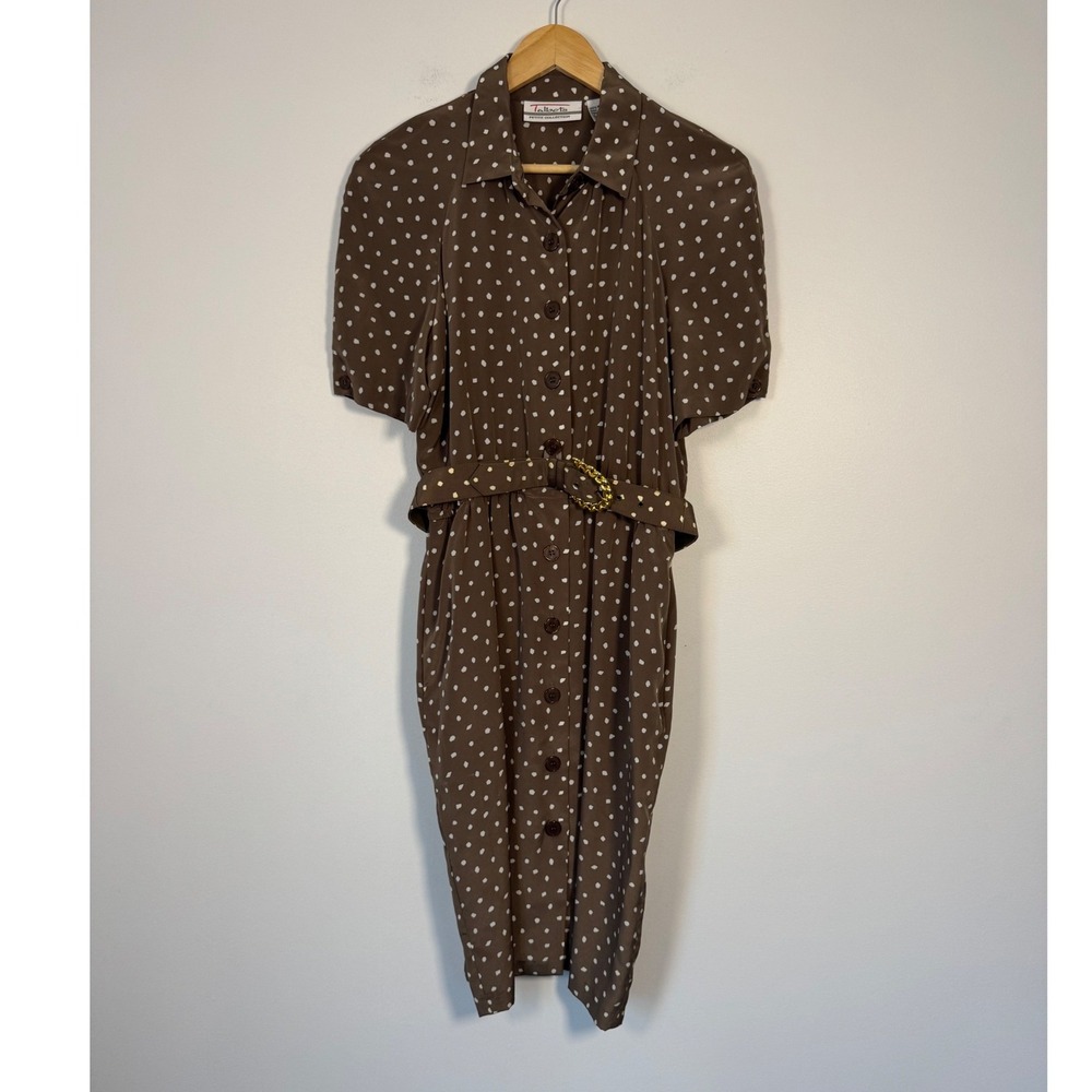 Vintage Talbots Womens 8 Petite Shirt‎ Dress Brown Polka Dot Belted Pockets Midi